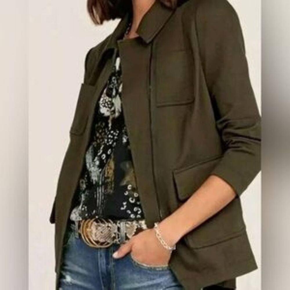 Cabi 4120 The Academy Blazer Jacket Size S Brown Asymmetrical Zip Ribbed Pockets